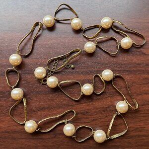 Vintage Y2K Chico's Abstract Gold Tone and Faux Pearl Necklace + Bonus Earrings